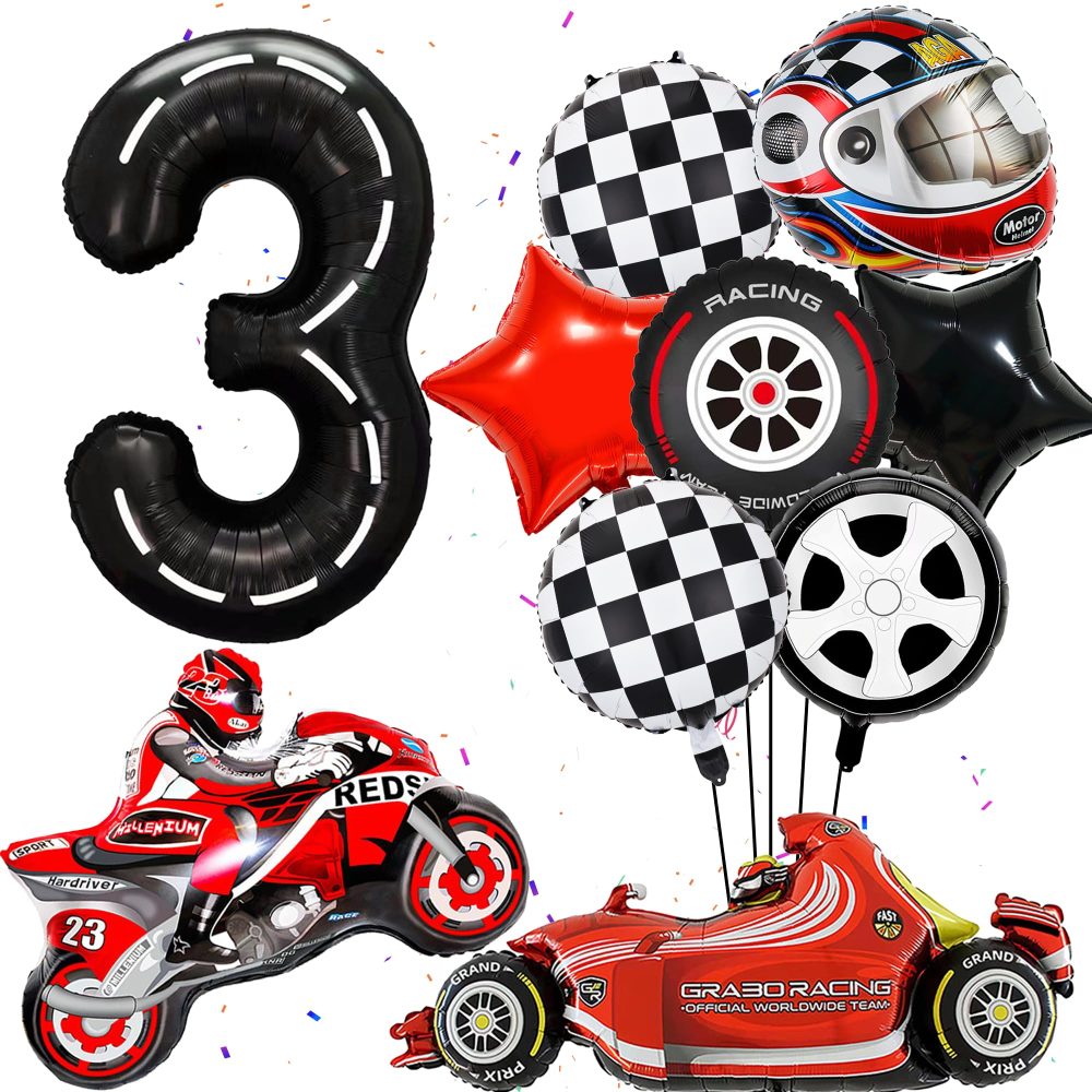 Race Car 3rd Birthday Decorations - 10 Pieces Racing Car Party Balloons, Race Car Balloons Motorcycle Helmet Tire Foil Balloons for Kids 3rd Birthday Party Racing Car Party Decorations Supplies