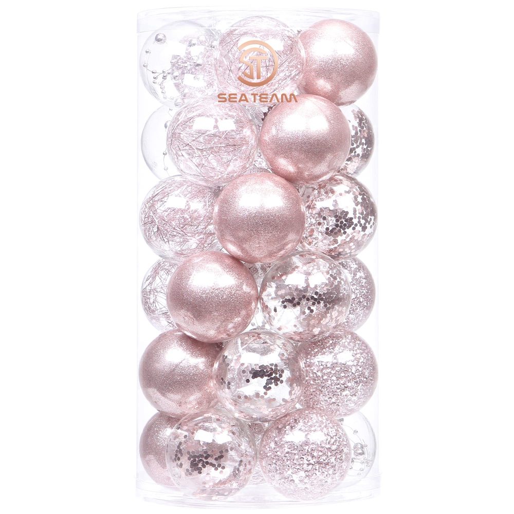 Sea Team 60mm/2.36" Shatterproof Clear Plastic Christmas Ball Ornaments Decorative Xmas Balls Baubles Set with Stuffed Delicate Decorations (30 Counts, Pinkish Gold)
