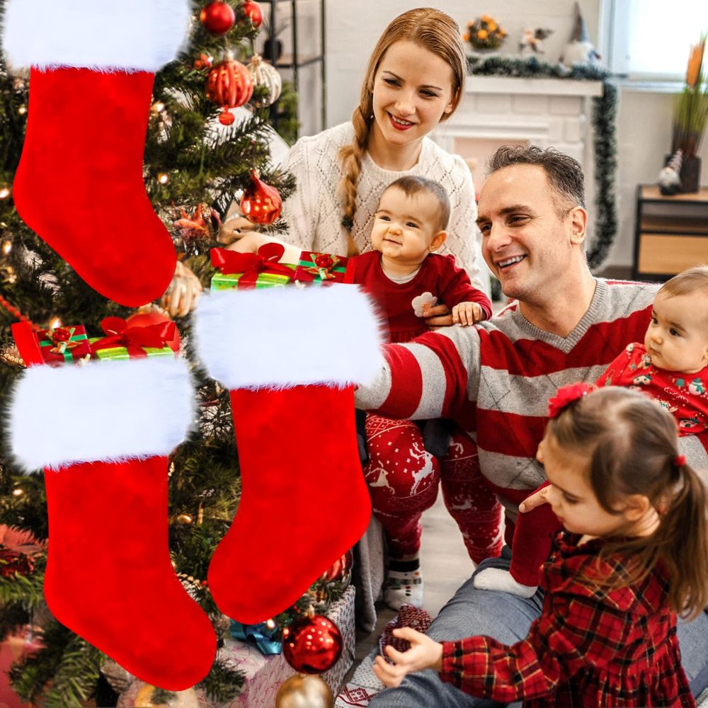 POPOYU 3Pcs Luxury Plush Red Christmas Stockings Set,Extra Thick Red Velvet Large Christmas Socks with White Soft Plush Cuff,Hanging Sack Xmas Fireplace Decorations for Christmas Home Party Supplies - Image 5