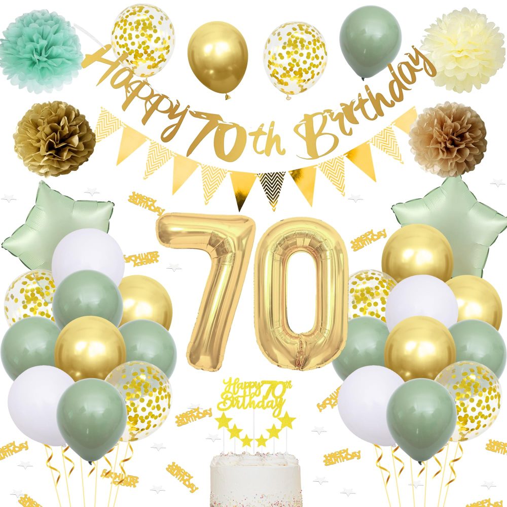 Sage Green 70th Birthday Decorations - Gold and Green 70th Party Supplies Includes Pull Flag Cake Topper Cupcake Topper Latex Balloons 70th Birthday Balloons for Women Men 70th Birthday