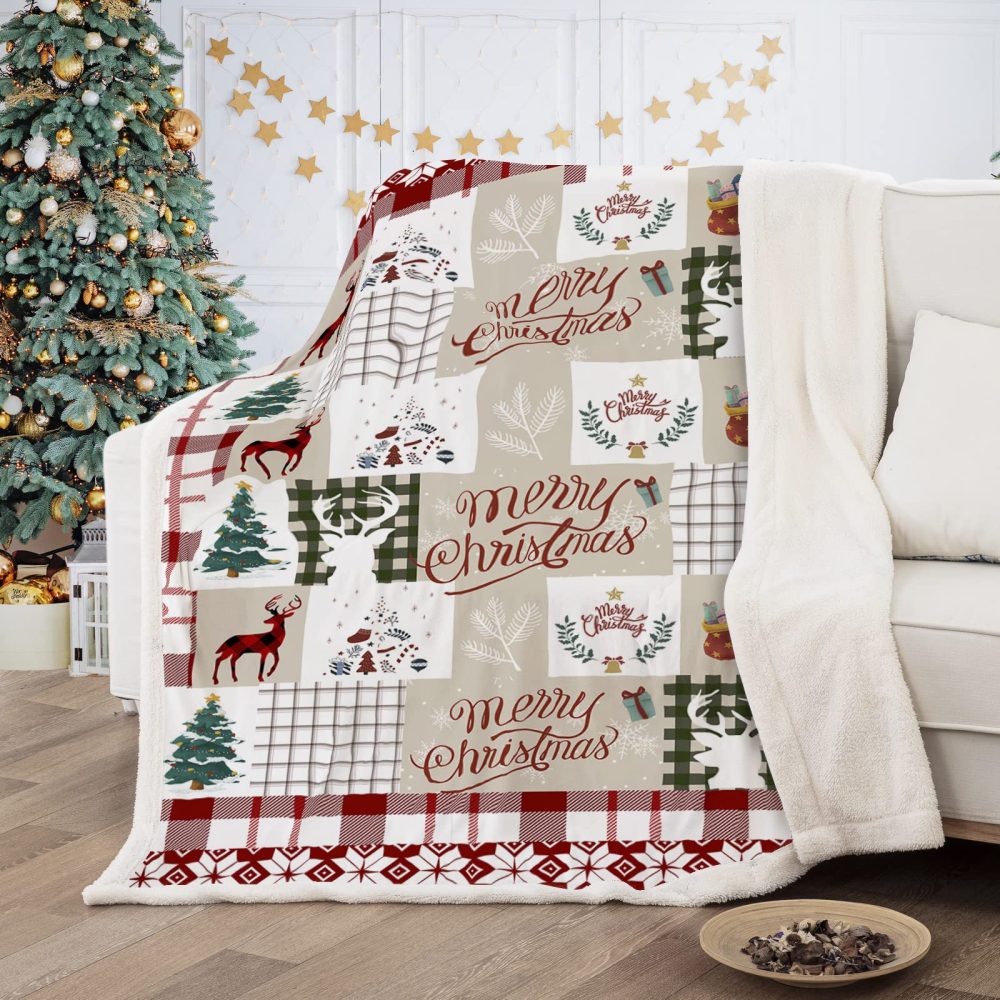 Christmas Throw Blanket Sherpa Christmas Santa Tree Deer Printed Rustic Blanket for Kids Teens Adults Soft Microfiber Blanket for Bed Couch 150 x 200cm