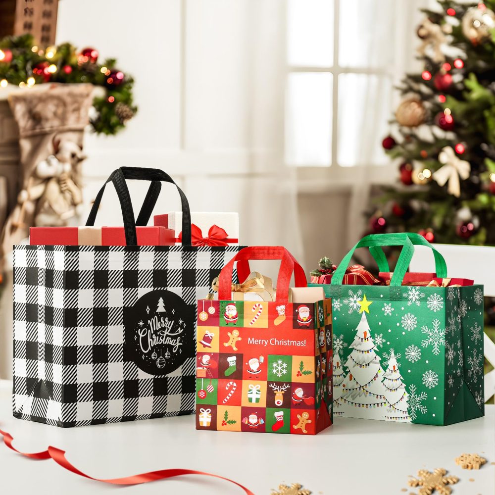YANGTE 20 Pack Christmas Bags Assorted Sizes, Reusable Tote Bags with Handle, Includes 4 Large 8 Medium 8 Small Non-Woven Christmas Bags for Xmas Party Favors - Image 2