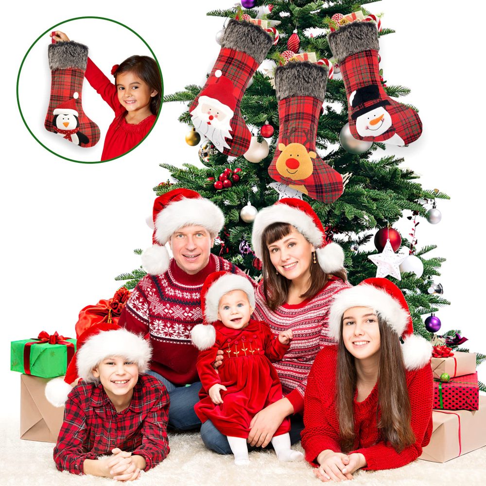 COOLWUFAN Christmas Stocking, 4 Pack 18 inch Xmas Stockings wiht Snowflake Santa Snowman Reindeer and Plush Faux Fur Cuff Family Pack Stockings for Xmas Holiday Family Party Decorations,Red - Image 2
