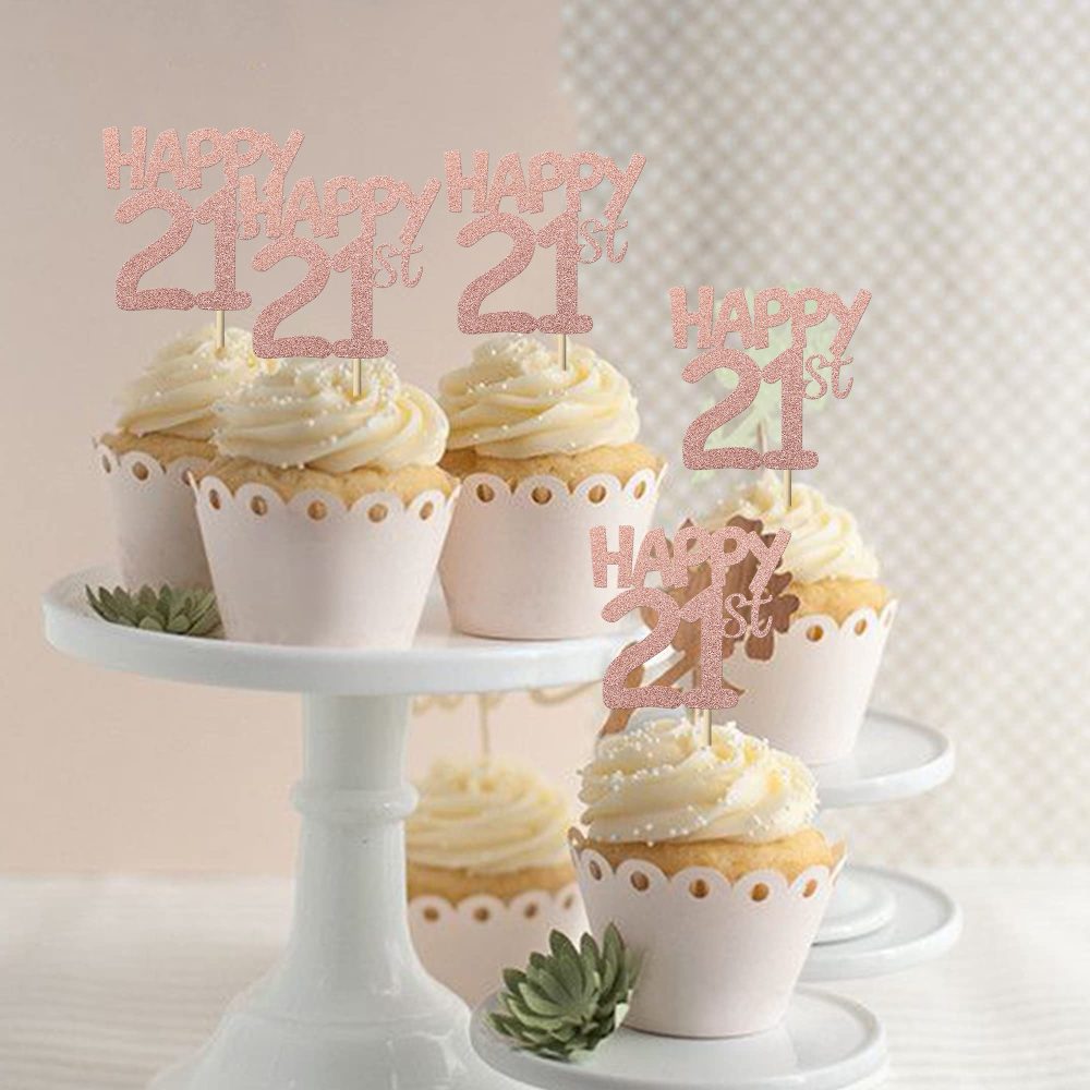 Xsstarmi 24 Pack Happy 21st Cupcake Toppers Glitter Number 21 Cheers to 21st Birthday Cupcake Picks for 21st Birthday Wedding Anniversary Party Cake Decorations Supplies Rose Gold - Image 3