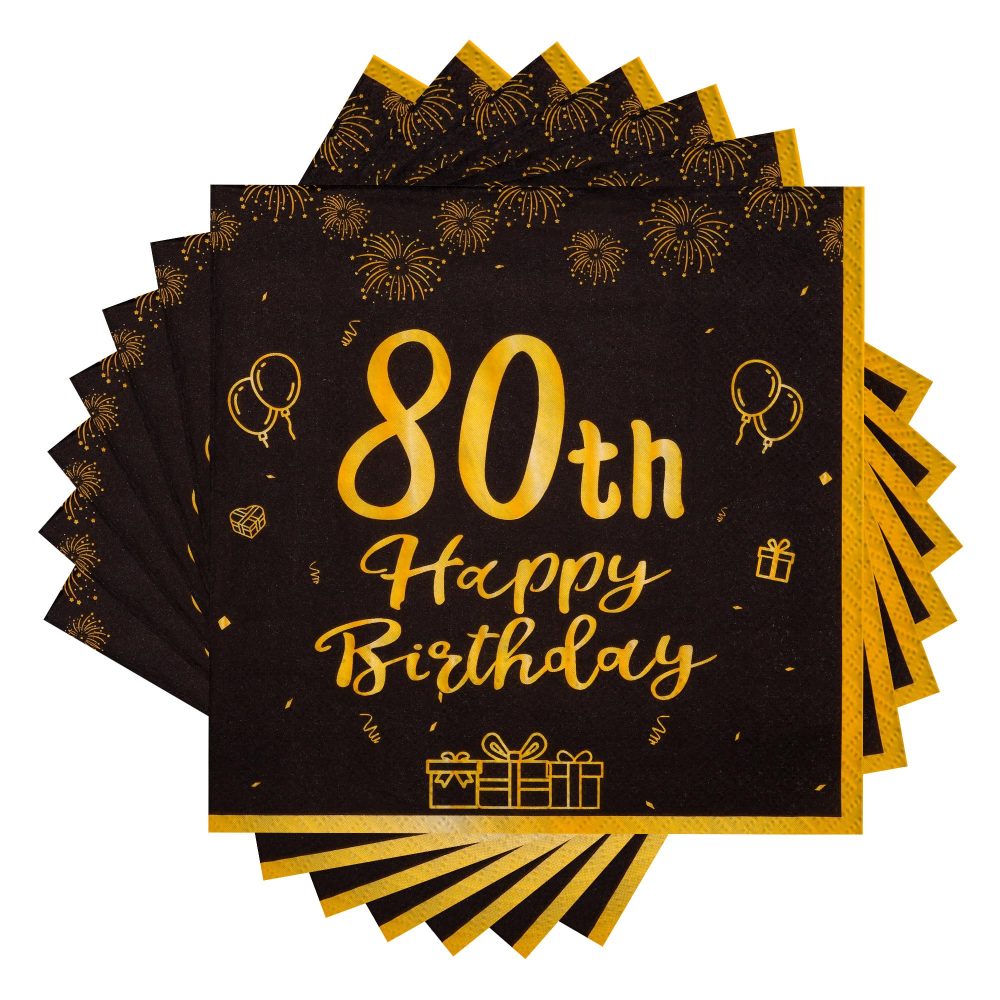 TOPWAYS Black Gold 80th Birthday Decorations Paper Napkins, 60pcs Disposable Paper Birthday Napkins Table Decoration for Women Men 80 Birthday Party Supplies Table Decoration, Birthday Tissue (80th)