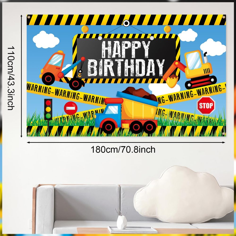 Construction Birthday Backdrop Banner,Xinvery Engineering Vehicle Birthday Banner Truck Photography Background Happy Birthday Party Decorations Banner for Kids 180×110cm - Image 7