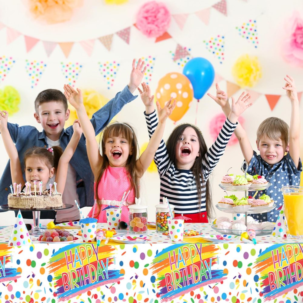 FunHot Birthday Tablecloth, Colorful Birthday Decorations, 54 x 108 Inch Waterproof Rectangle Happy Birthday Table Cover for Baby Shower Boys Girls Women Men Birthday Party Decorations - Image 3