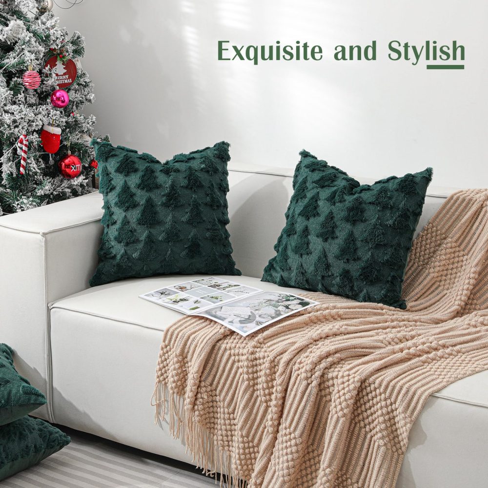 Lewondr Christmas Throw Pillow Cover 18x18, Set of 2 Super Soft Faux Fur Pillow Covers Velvet Christmas Tree Embroidery Decorative Throw Pillowcase for Living Room Bed Couch Sofa Car Home Decor, Green - Image 7