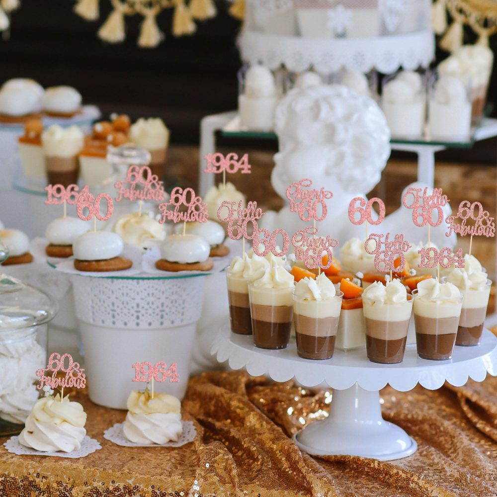 Gyufise 30Pcs 60th Birthday Cupcake Toppers 60 Fabulous Cupcake Picks Cheers to 60 1964 Cake Decorations for Happy 60th Birthday Wedding Anniversary Party Decoration Supplies Rose Gold - Image 4