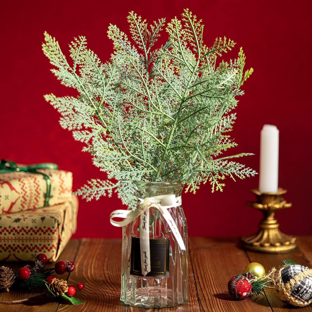 Purple Star 60 PCS Artificial Faux Cedar Branches-13x7.5 Inch Artificial Cedar Sprigs-Faux Cedar Pine Stems Picks for DIY Garland Wreath Christmas Embellishing Home Garden Decoration - Image 4