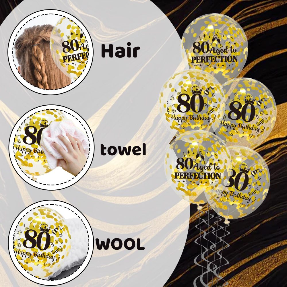 80th Birthday Decorations for Men - 44Pcs Black Gold Party Balloon Banner Decor Set with 80th Birthday Yard Banners Confetti Latex Balloons Happy Birthday Cake Topper for 80 Years Old Party Supplies - Image 5