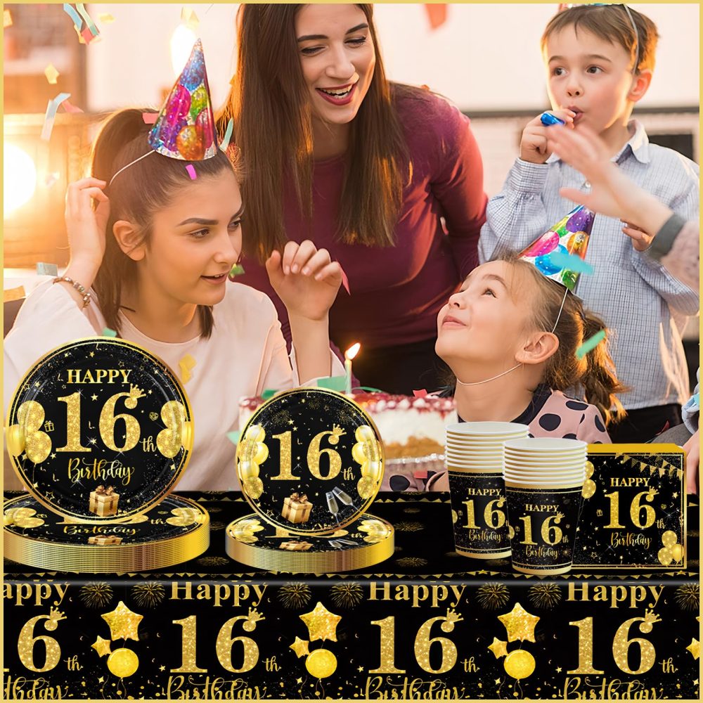 69pcs Black Gold 80th Birthday Decorations for Men Women,80th Birthday Tableware Tablecloth Paper Plates Napkins Serviettes and Cups for 80th Birthday Table Decorations for Him,Her 80th Birthday Gifts - Image 5