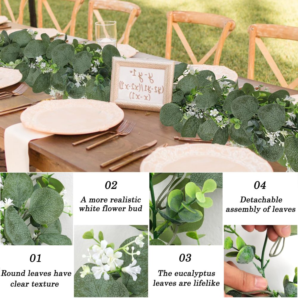Weldomcor 2Pcs Greenery Garland Artificial Eucalyptus Leaves Garland 6Ft Green Leaves Garland with White Flowers, Hanging Ivy Garland for Wedding Arch Backdrop Home Table Indoor Outdoor Decor - Image 5