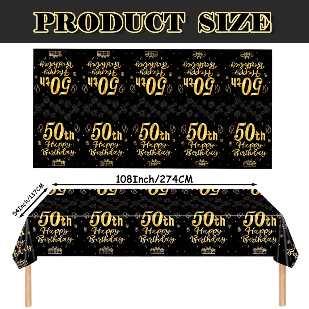 YTUGCG 50th Birthday Table Cloth, 137x274cm Black and Gold 50th Birthday Party Table Decoration, Plastic Disposable Waterproof Rectangular Table Cover for Women, Birthday Gifts Party Table Decoration - Image 6