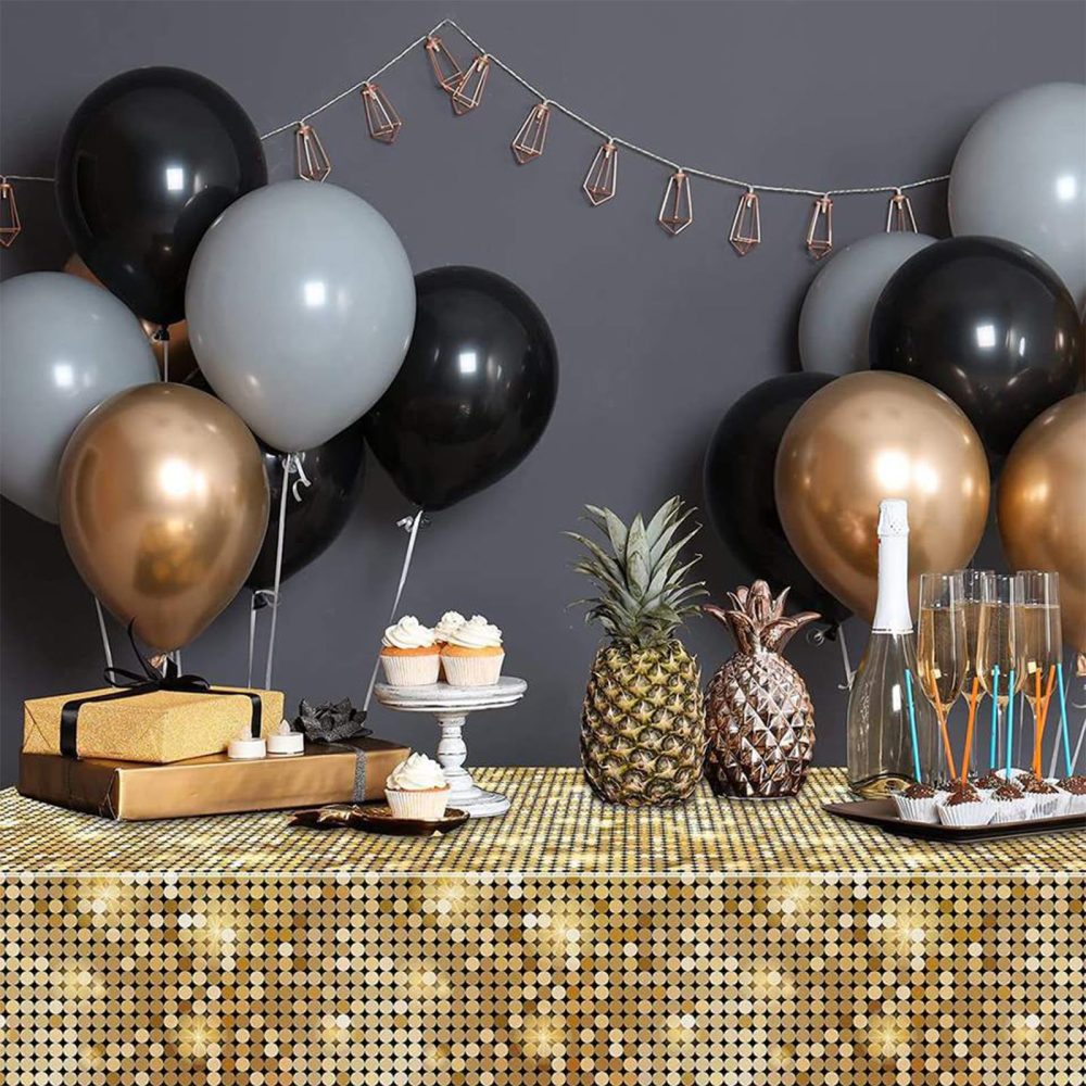 MORAINJAY 3Pcs Disco Table Cloths,137 * 274cm Las Vegas Table Covers,Golden Sequin Plastic Tablecloth Casino Table Decoration for 70s 80s 90s Disco Birthday Party Supplies - Image 3