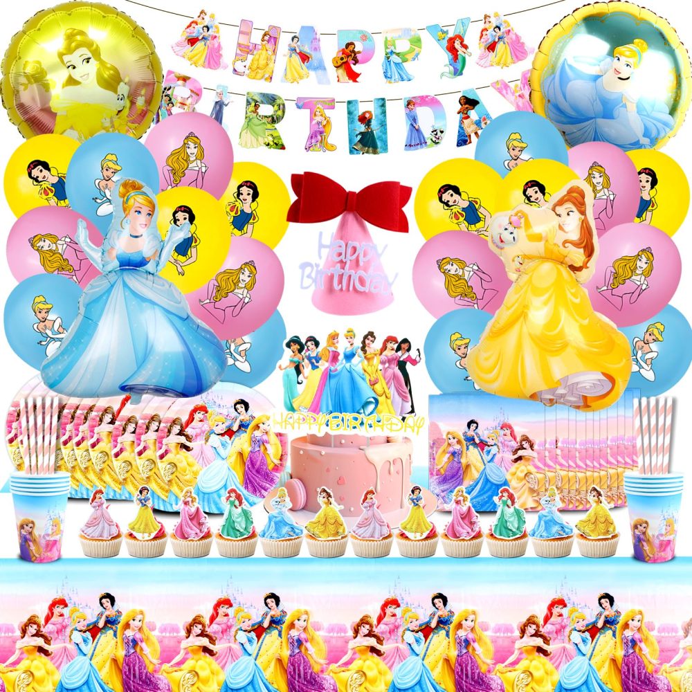 YAXMME 100Pcs Princess Birthday Tableware,Princess Birthday Decorations, Birthday Decorations for Girl,Party Supplies,Party Tableware Set Including Plates Cups Tablecloth Banners for 10 Guests