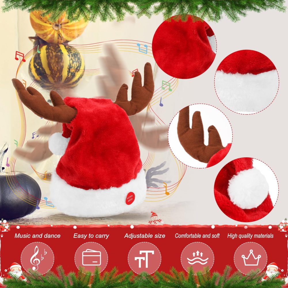 Gfilay Singing and Dancing Electric Santa Hat with Reindeer Antlers - Funny Novelty Musical Interactive Swinging Christmas Hats Waving and Singing for Adults Kids Xmas Gift - Image 4