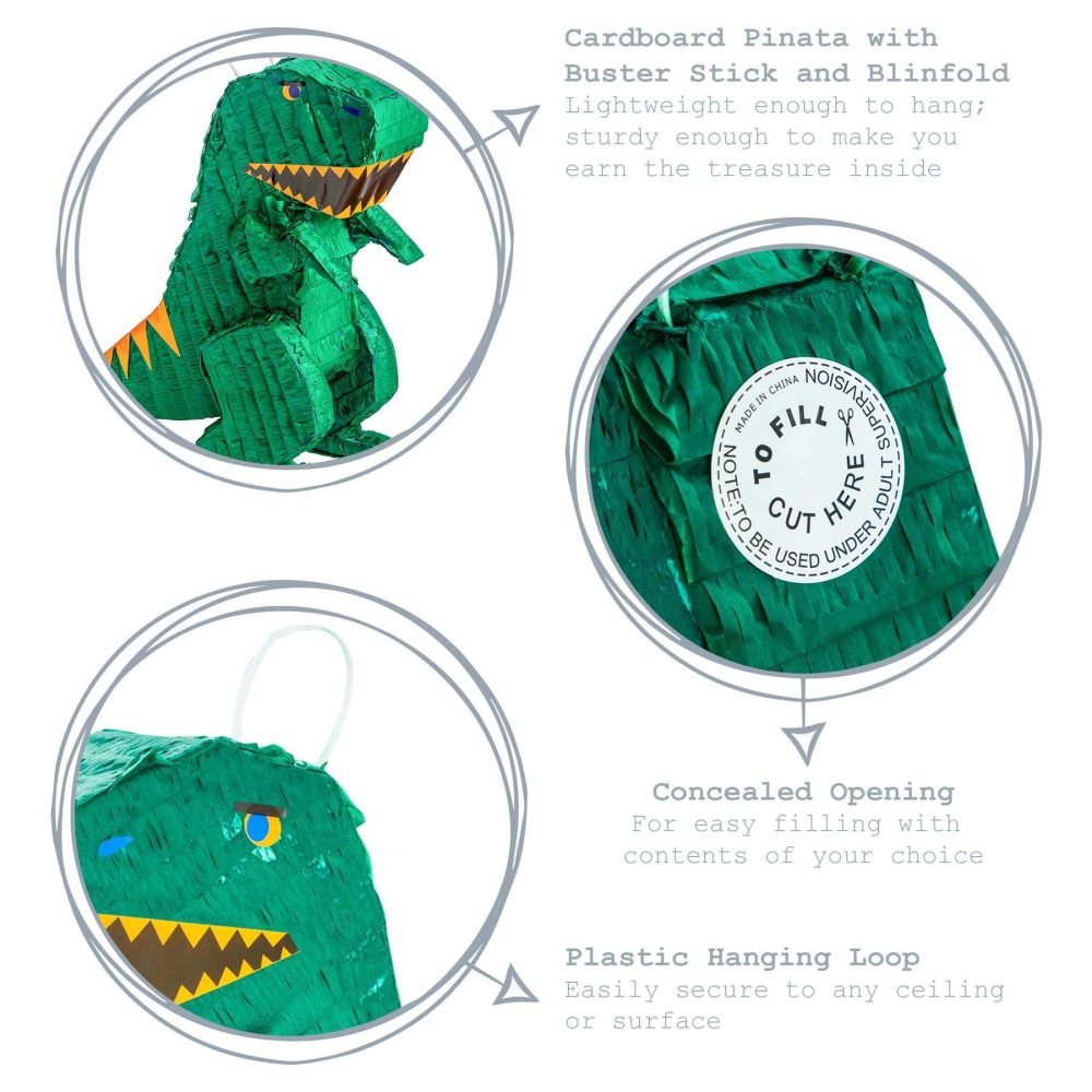 Fax Potato Dinosaur Cardboard Pinata, Stick and Blindfold Set - 3pc - Rainbow Stick - Fill Your Own Kids Large Party Accessory Decoration - W43cm x D13cm x H55cm - Image 6