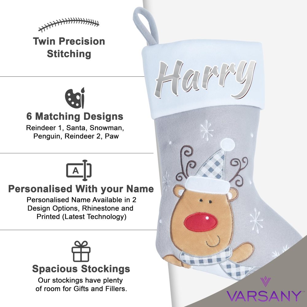 Varsany Premium Personalised Grey Reindeer 1 Christmas Stockings – Matching Custom Xmas Stockings For Pets & Family, Name Dog Stockings For Christmas Stocking, Holiday Stockings Christmas - Image 2