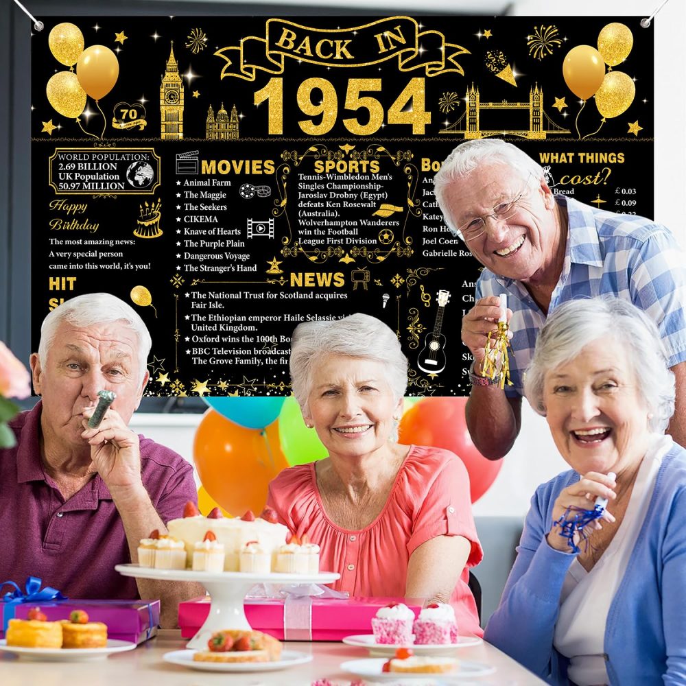 70th Birthday Decorations Black Gold, Back in 1954 Poster UK Happy 70th Birthday Decorations, Large Back in 1954 Backdrop Banner, 70 Years Anniversary Home Decor for Women Men - Image 3