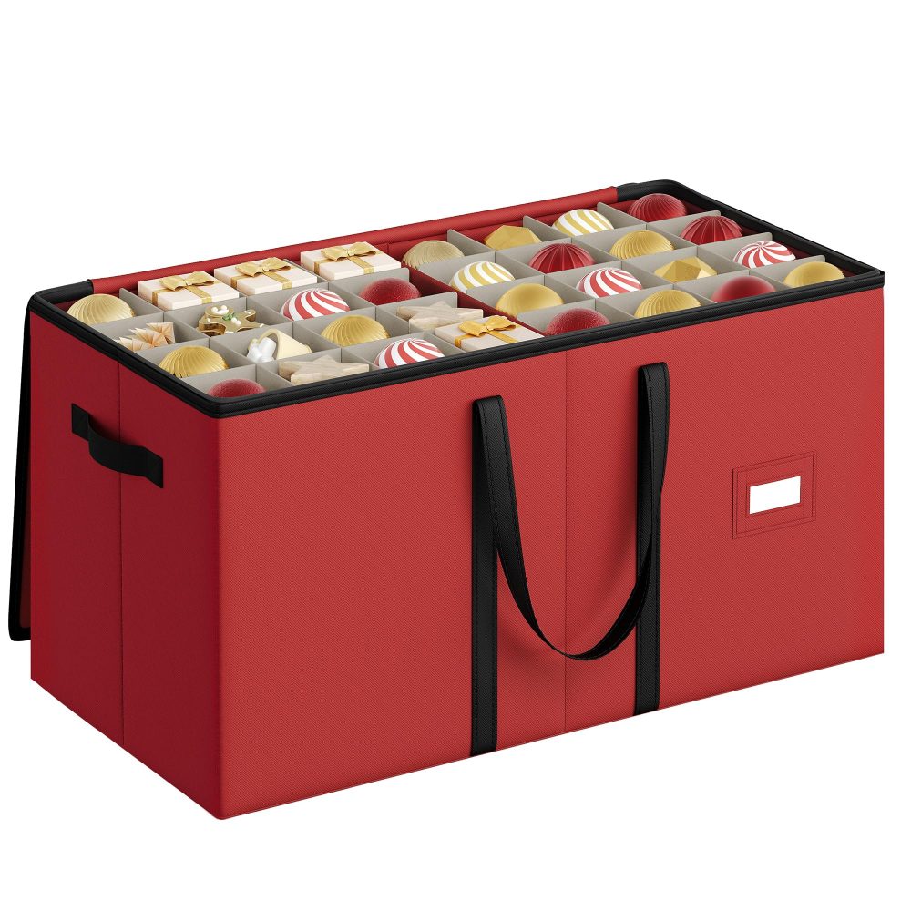 SONGMICS Christmas Decoration Storage Box, 7.6 cm 128 Slots, Stackable Christmas Bauble Storage Box with Lid, Dual Zippers, Adjustable Dividers, Non-Woven Fabric, Cherry Red RFB039R01