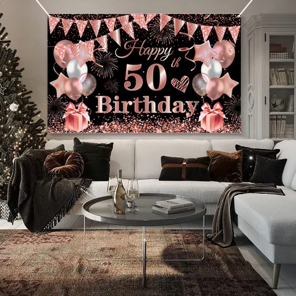 50th Birthday Decoration Banner, 50th Black Rosegold Birthday Backdrop Banner Photo Booth Sign Decorations, Extra Large Fifty Birthday Banner Background for Women 50th Birthday Party Supplies - Image 4