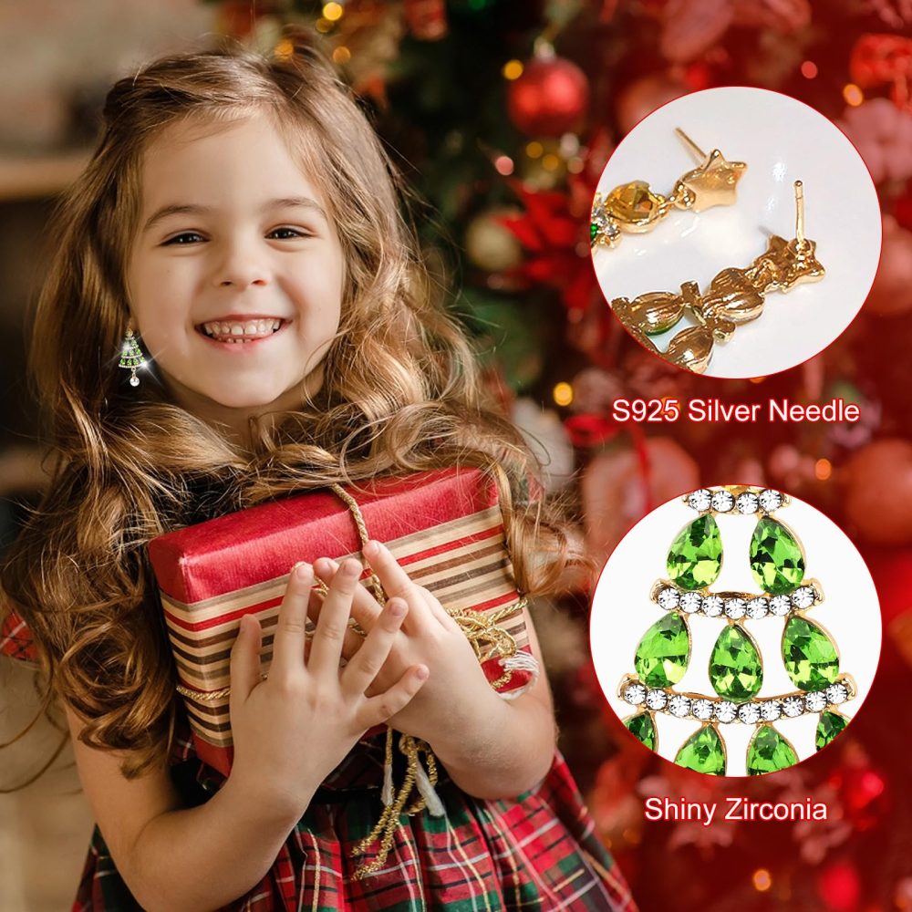 Mayoii Christmas Tree Earrings with Pearl Dangle, Shiny Zircon Christmas Earrings for Women, Girls, S925 Silver Needle Luxurious Glittering Rhinestone Christmas Festival Earrings(Green) - Image 2