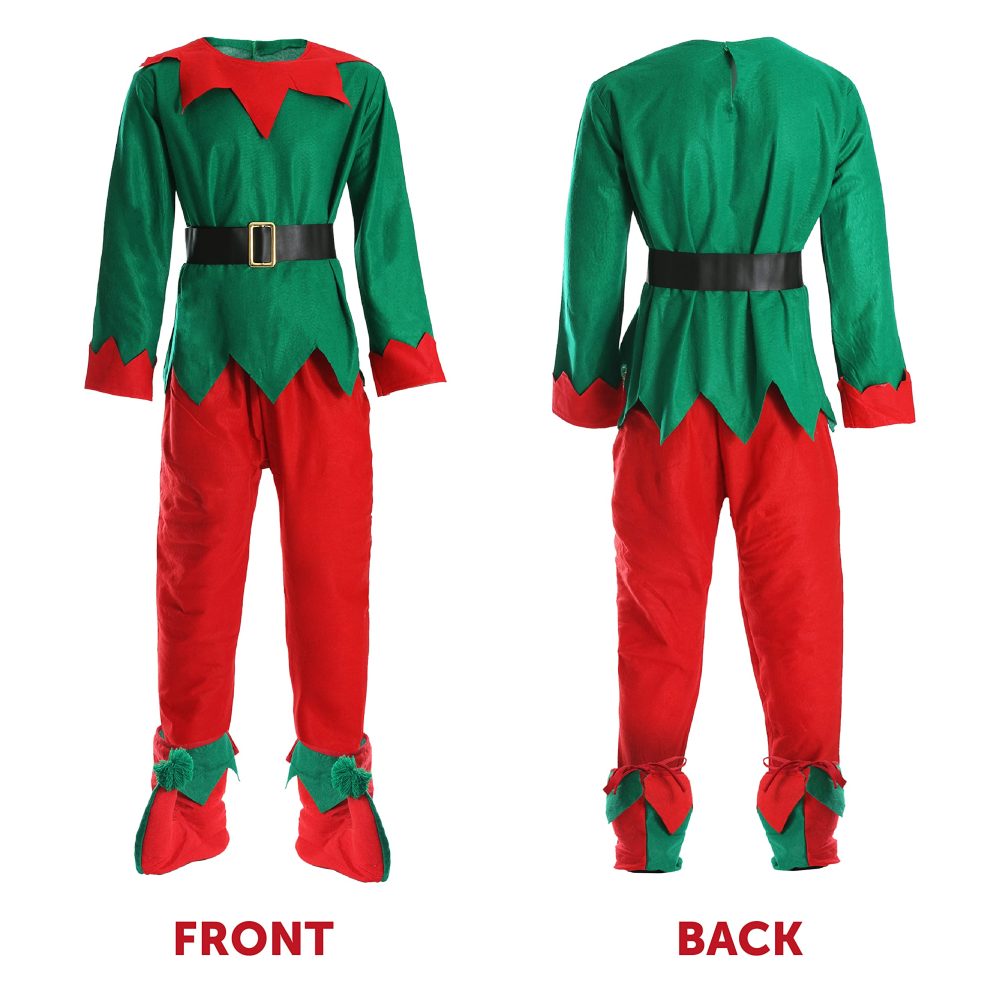 Adults Unisex Elf Costume - Adults Unisex Cheeky Elf Christmas Fancy Dress- Green Top + Red Trousers + Belt + Elf Hat With Ears + Deluxe Pom Pom Elf Shoes (Xx-Large | 22-24) - Image 4