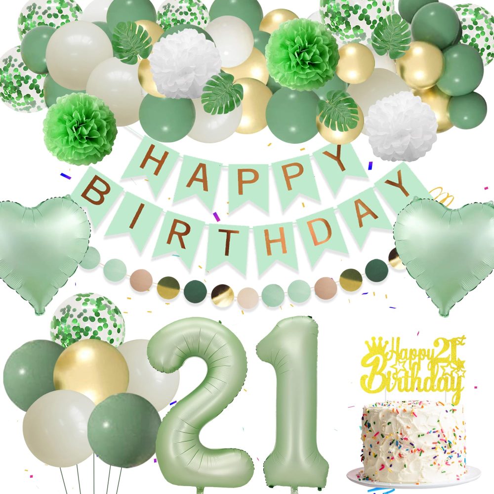 Sage Green 21st Birthday Decorations - 103 Pieces Green Gold Decoration, Happy Birthday Banner, Numbers 21 Foil Balloon, Paper Pompoms, Garland, Cake Topper, For Women Men 21st Birthday Supplies