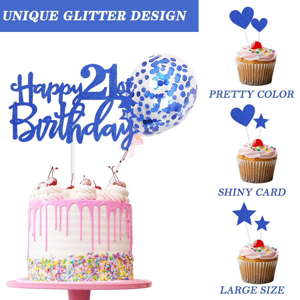Zayin Personalised Happy 21th Birthday Cake Topper Set,Happy Birthday Sign for Cake,11p Glitter Balloon Stars Heart Cupcake Topper 21th Birthday Cake Party Decoration(21 year old, Royal Blue) - Image 5