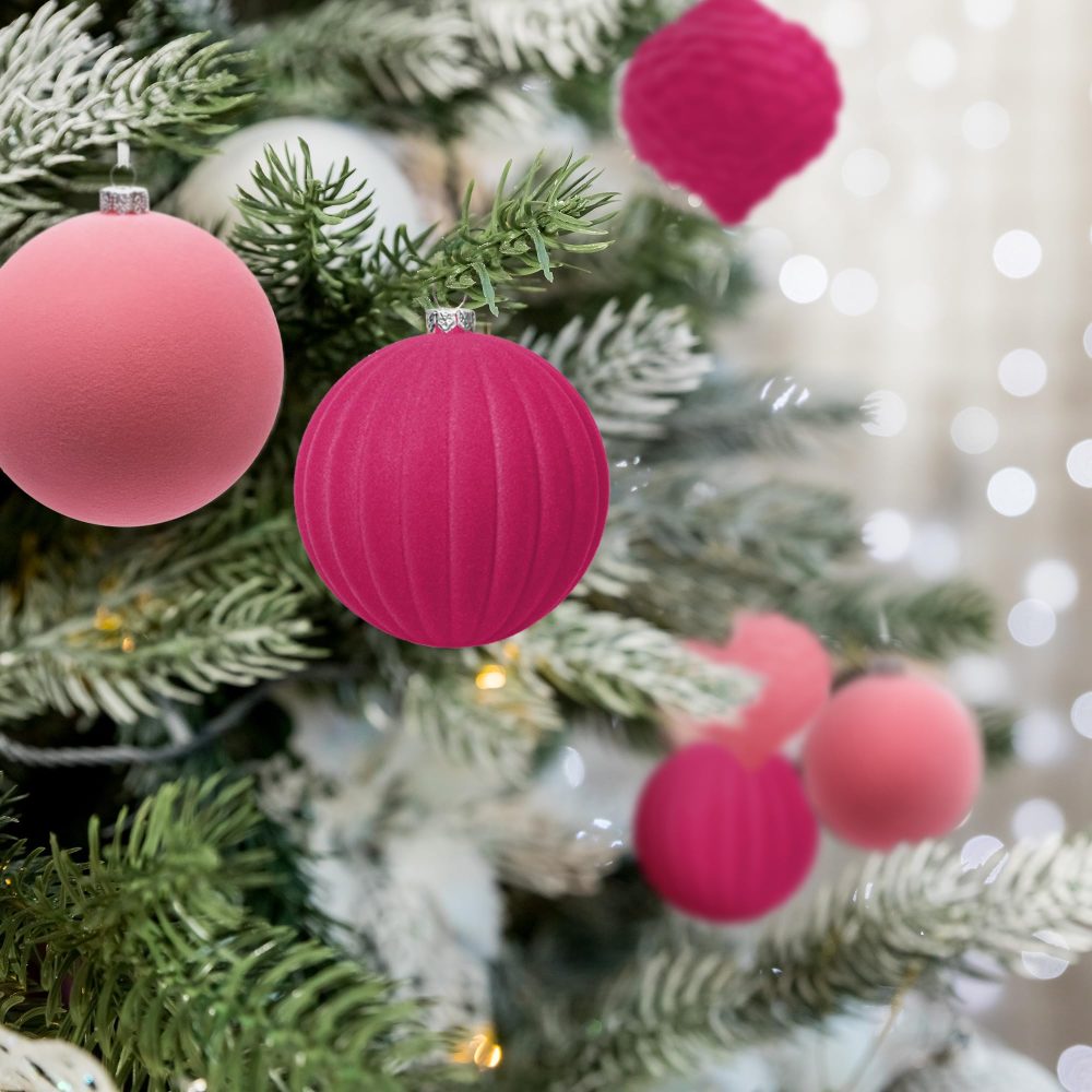 KI Store Rose Pink Velvet Christmas Baubles 25pcs Shatterproof Flocked Christmas Tree Ornaments 80mm 60mm Assorted for Xmas Tree Decorations - Image 3