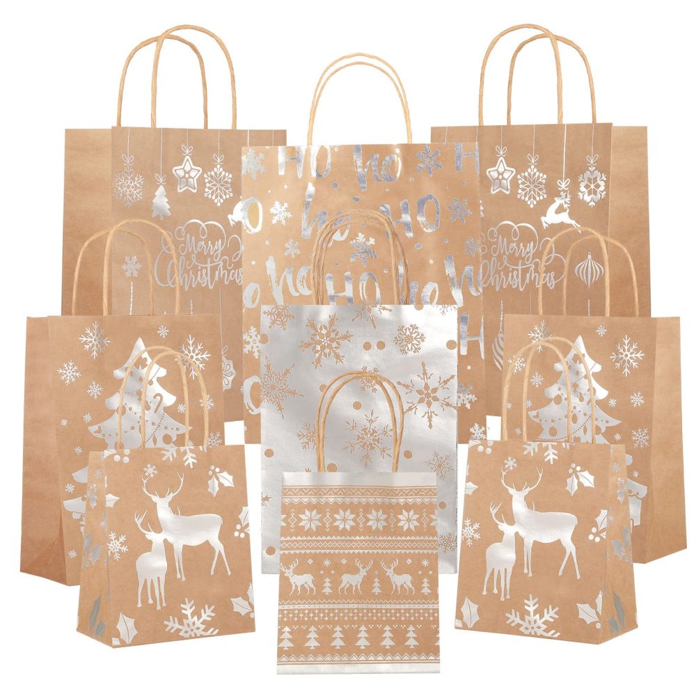 18 Pcs Christmas Kraft Paper Bag Bronzing Gift Bags Metallic Gold Gift Treat Goodie Bag Assorted Sizes Bulk Xmas Gift Wrapping Bag with Handle for Holiday New Year Party Packaging Decor (Silver)