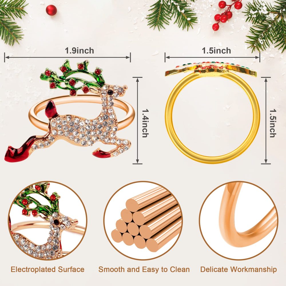 Homotte Rose Gold Christmas Napkin Rings with Bling Set of 12, Christmas Reindeer and Xmas Tree Napkin Holders for Thanksgiving Table Decorations, Christmas Banquet, Daily Receptions - Image 7
