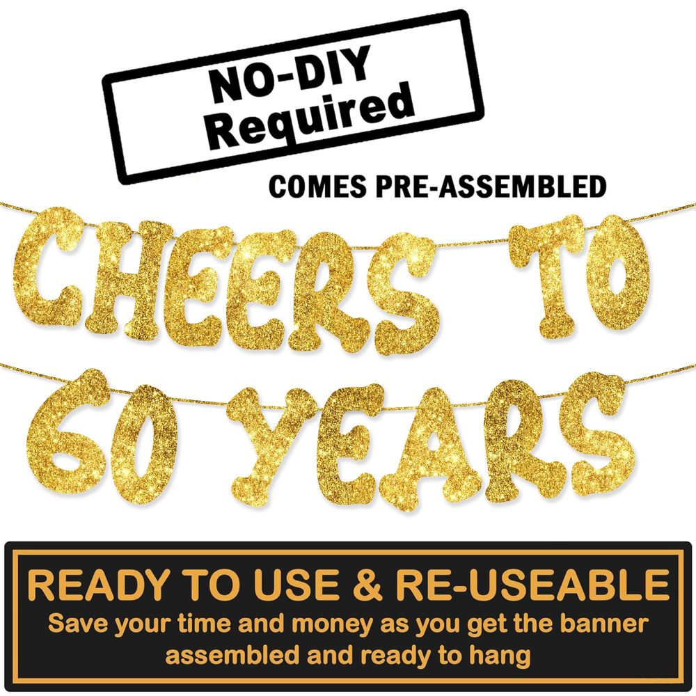 Cheers to 60 Years - Happy 60th Birthday Party Glitter Banner - 60th Birthday Party Decorations and Supplies - 60th Wedding Anniversary Decorations, Pre-strung - No DIY required - Image 9