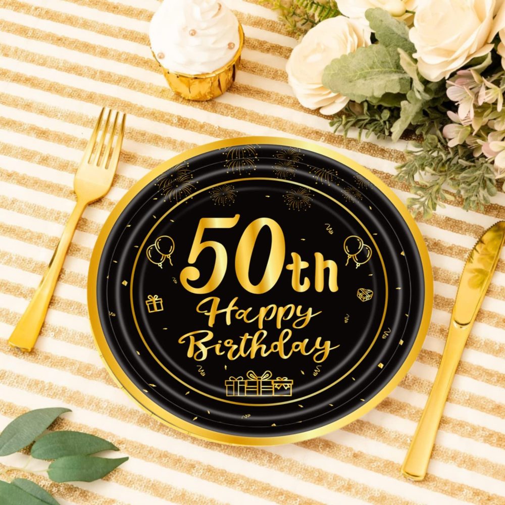 Happy 50th Birthday Paper Plates 9”Black and Gold,16Pcs Disposable Tableware Party Plates,Happy 50th Birthday Decorations Plates for Women,Men,Him,Her 50th Birthday Party Supplies Table Decorations - Image 4