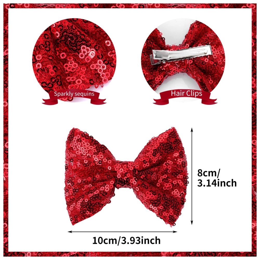 Sibba Glitter Hair Bows Clips 4 Packs Large Hair Pins Barrettes 4 Inch Red Sequins Sparkly Lace Nylon Mesh Alligator Ponytail Holder Valentines Easter Day Halloween School Accessories Women Girl - Image 2