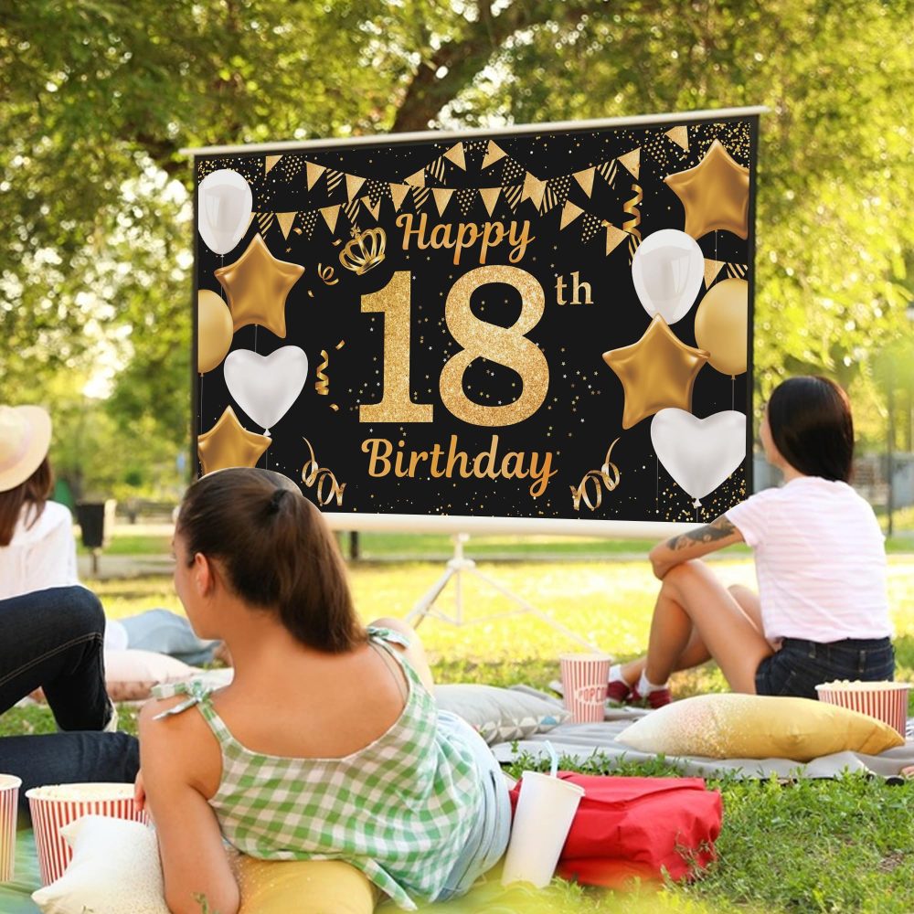 Happy 18th Birthday Banner 18th Photo Backdrop Black Gold Birthday Party Background Supplies Backdrop Props, Birthday Decorations for Men and Women 18th Backdrop Banner Photo Booth Sign 180×110cm - Image 3