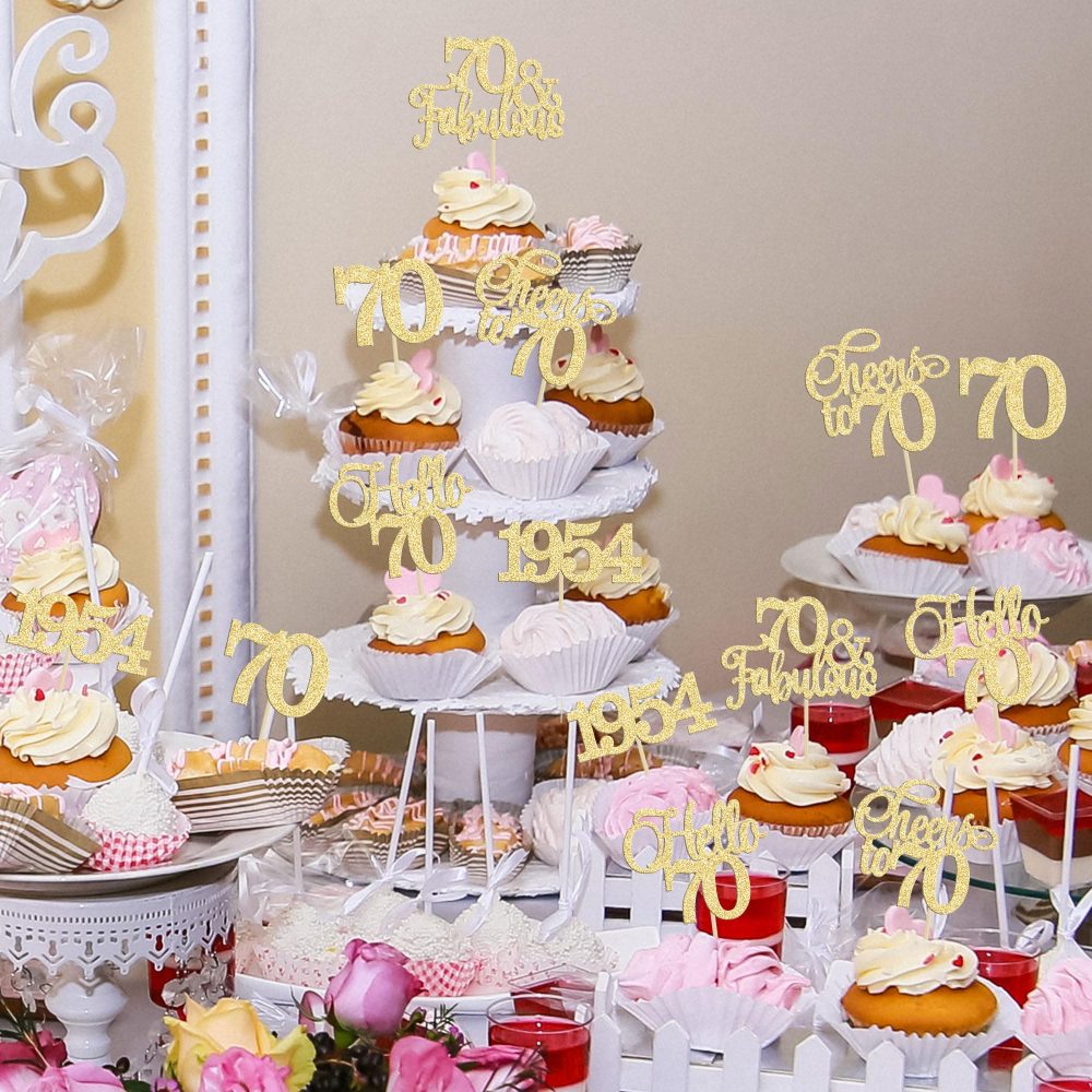 Gyufise 30Pcs 70th Birthday Cupcake Toppers 70 Fabulous Cupcake Picks Cheers to 70 1954 Cake Decorations for Happy 70th Birthday Wedding Anniversary Party Decoration Supplies Gold - Image 3
