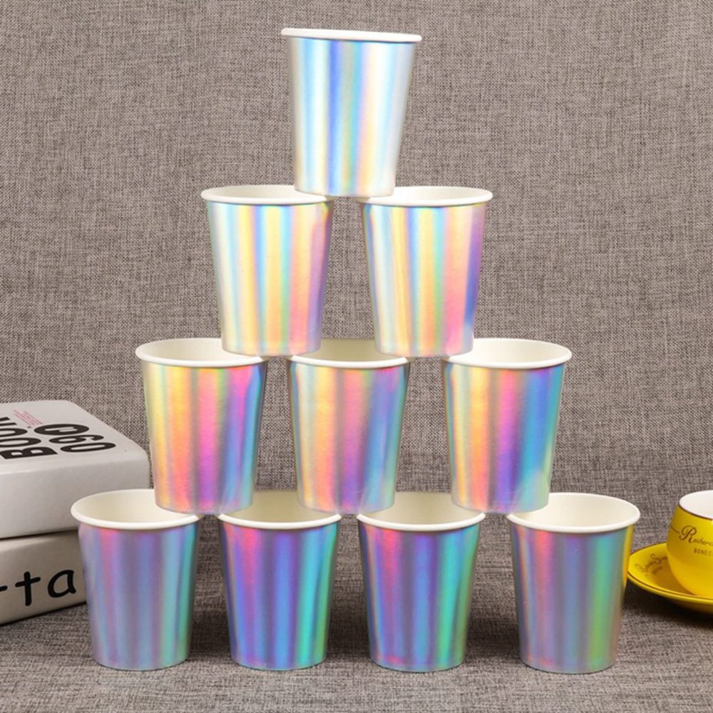 Iridescent Paper Cups 9 oz [50pack] Disposable Coffee Cups Hot Cold Drinks Tea Milk Juice Chocolate Silver White Cup Holographic Rainbow Party Decorations Picnic Home Birthday Anniversary Christmas - Image 4