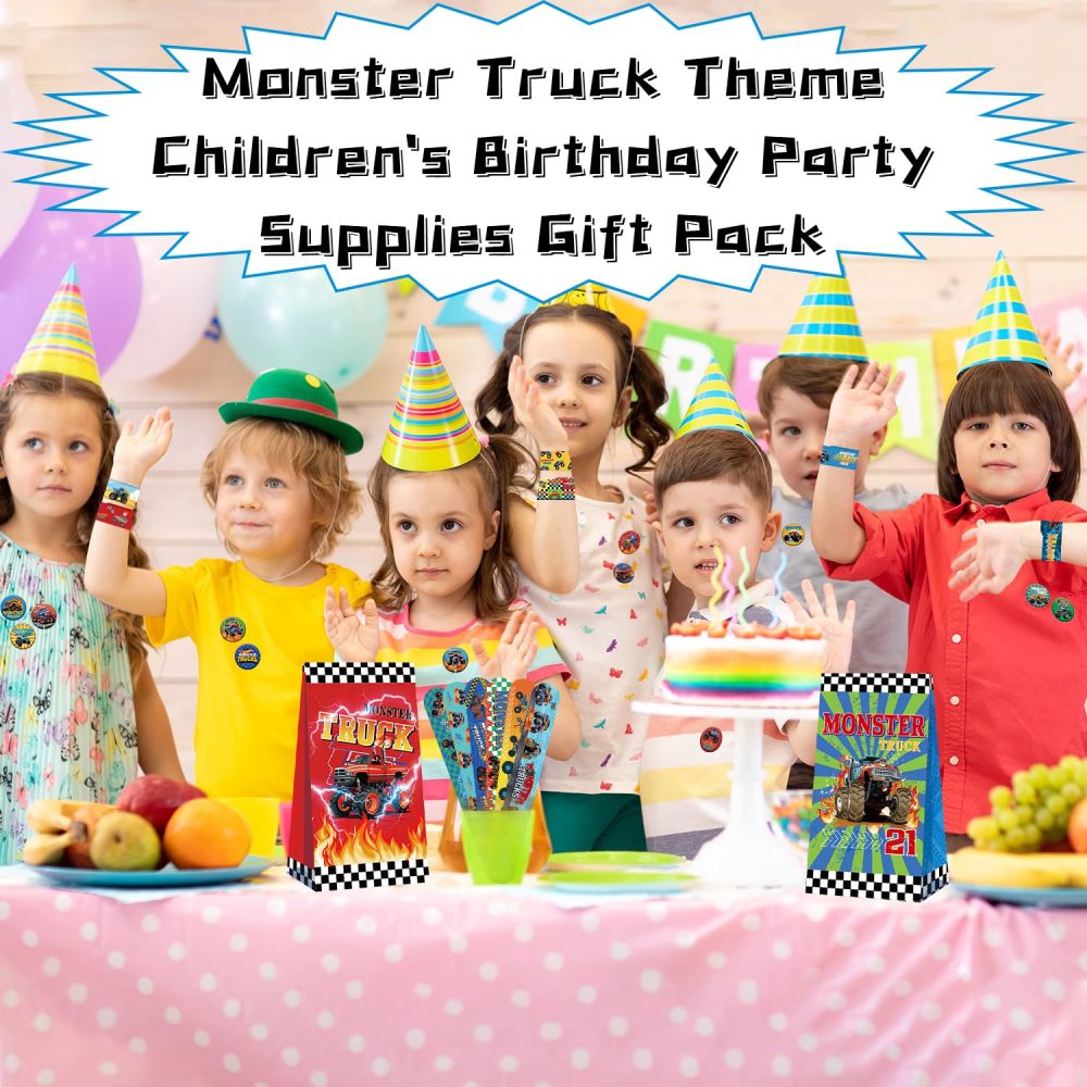Obussgar Monster Truck Party Favor Supplies including Monster Truck Theme Stickers, Gift Bags, Wristbands, Badge for Kids Birthday Party Supplies - Image 3