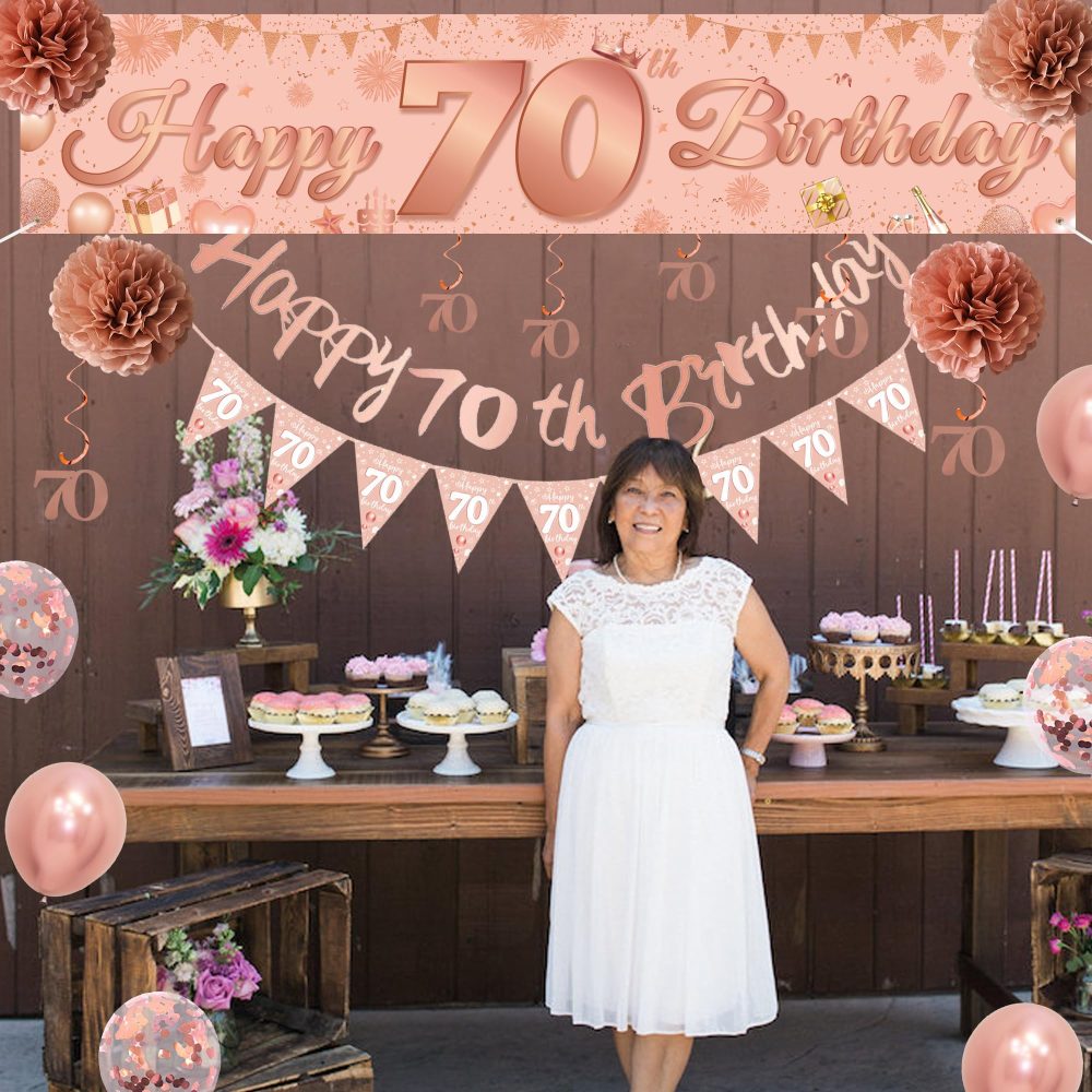 Rose Gold 70th Birthday Banner - 33 Pieces Rose Gold Birthday Party Decor Strip Banner Triangle Flag Rose Gold Hanging Paper Flower Matte Rose Gold Sequins Balloon for Women 70th Birthday Party Decor - Image 4