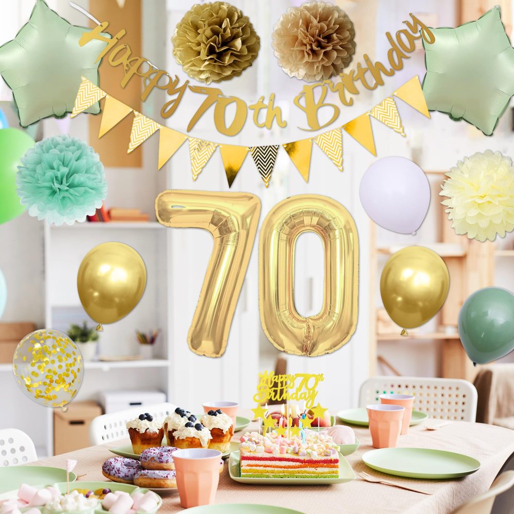 Sage Green 70th Birthday Decorations - Gold and Green 70th Party Supplies Includes Pull Flag Cake Topper Cupcake Topper Latex Balloons 70th Birthday Balloons for Women Men 70th Birthday - Image 2