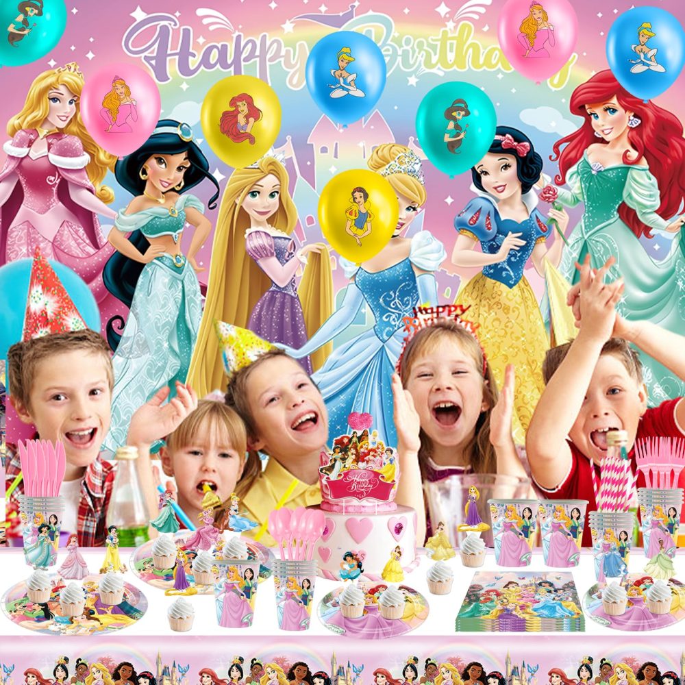 Princess Birthday Party Supplies Set 137Pcs Girls Princess Birthday Tableware Including Happy Birthday Backdrop Plate Balloons Napkins Tablecloth, Princess Theme Party Decorations for 10 People - Image 2