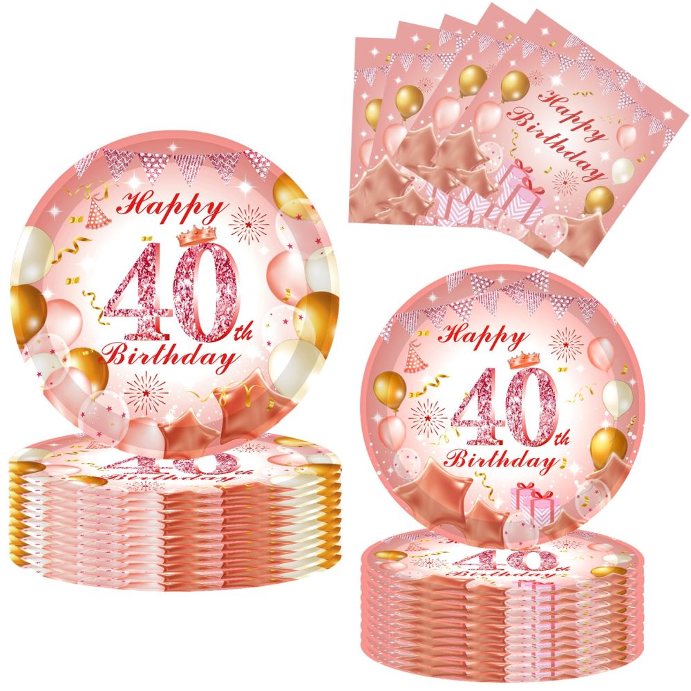 52Pcs 40th Paper Plates and Napkins Rose Gold,16 Guests Pink and Gold 40th Birthday Party Tableware Paper Plates and Napkins Set for Women 40th Birthday Gifts,Birthday Party Decorations Supplies