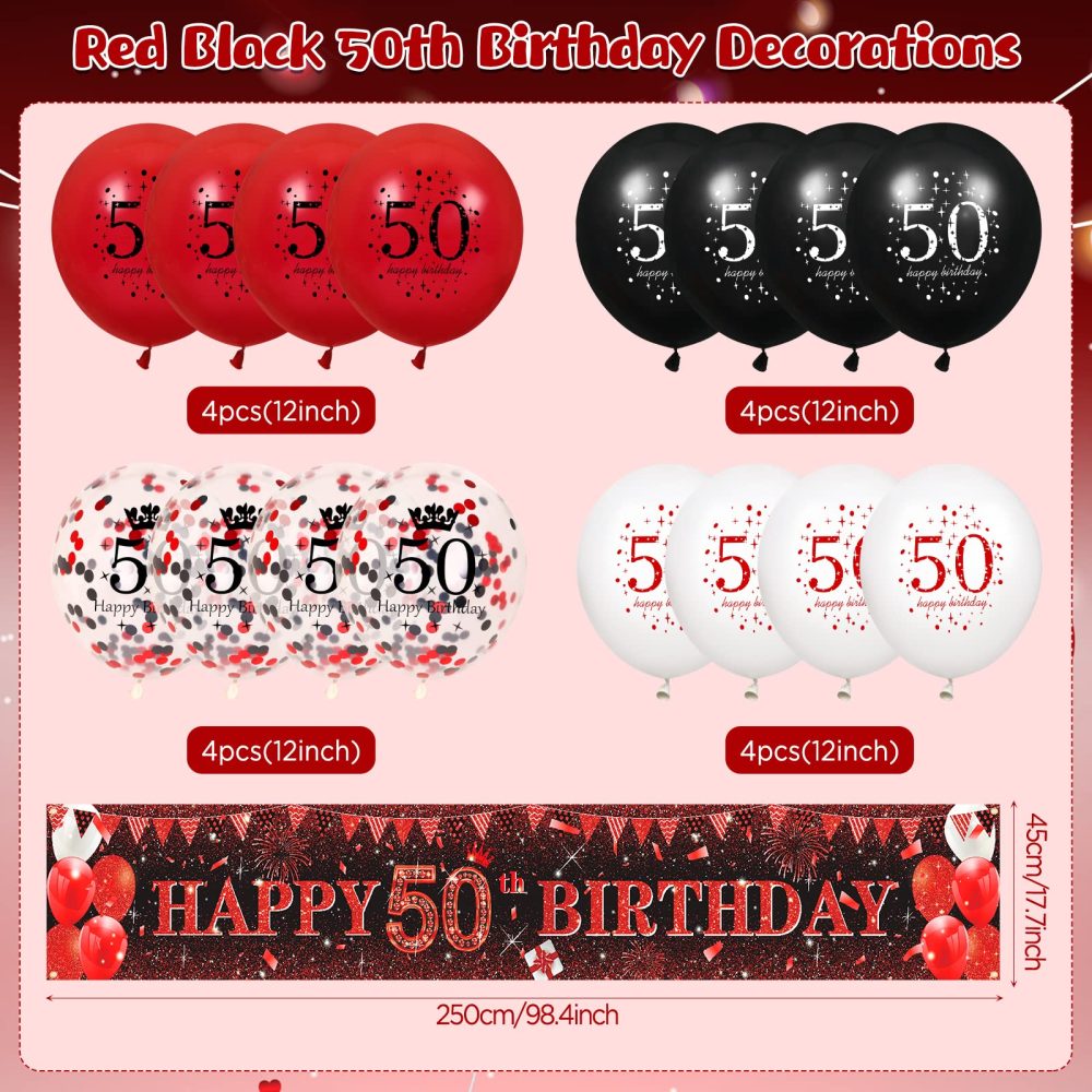 RUMIA Red 50th Birthday Decorations for Men Women, Red Black Glitter 50th Birthday Banner Yard Sign and 16Pcs Red Black 50th Birthday Latex Balloons for 50th Birthday Anniversary Party Supplies (A6X) - Image 3
