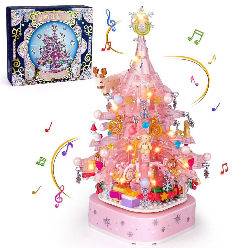 nicknack Christmas Tree Building Block Set, Pink Christmas Crystal Building Block Toy with LED, Xmas Tree Gift for Girls Boys