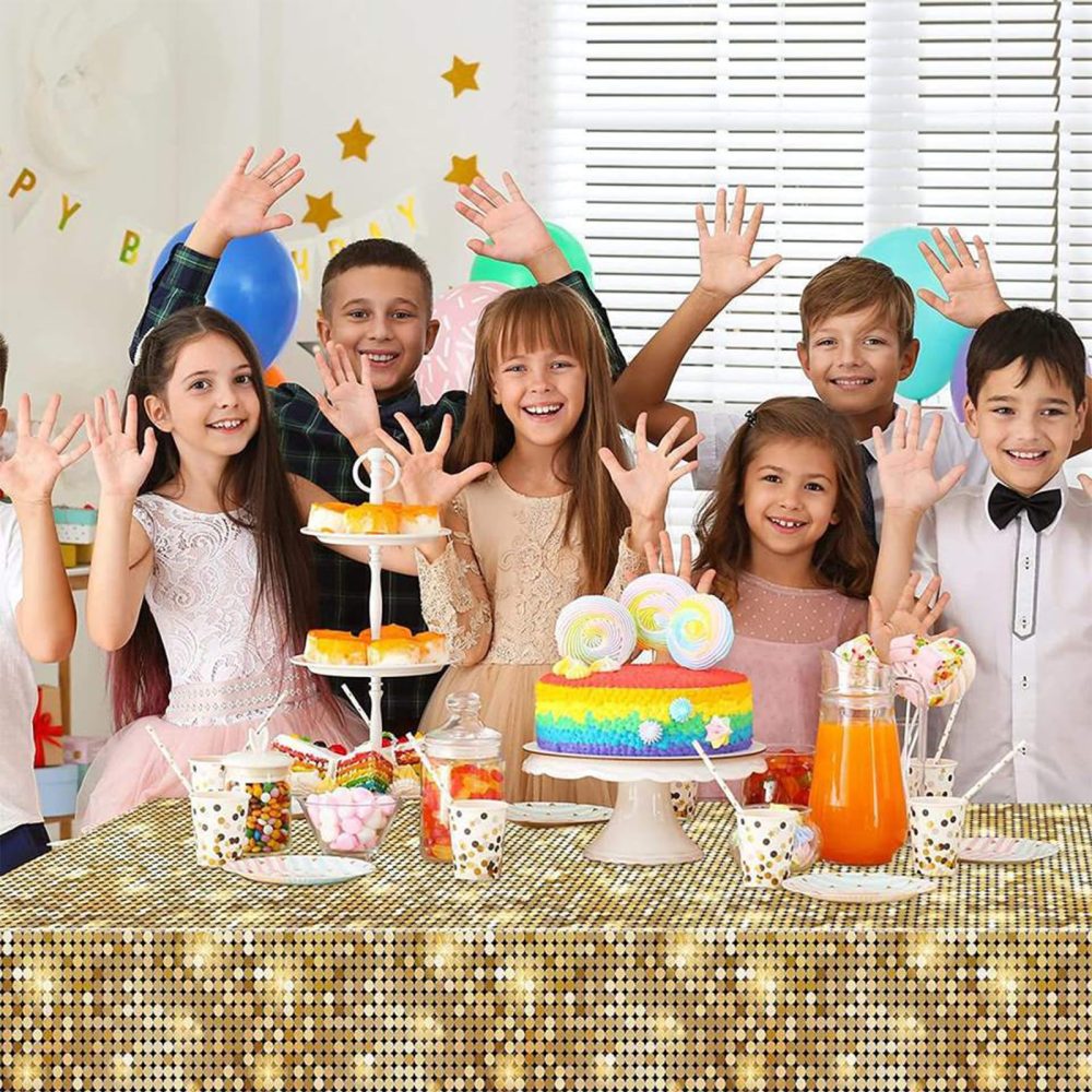 MORAINJAY 3Pcs Disco Table Cloths,137 * 274cm Las Vegas Table Covers,Golden Sequin Plastic Tablecloth Casino Table Decoration for 70s 80s 90s Disco Birthday Party Supplies - Image 5