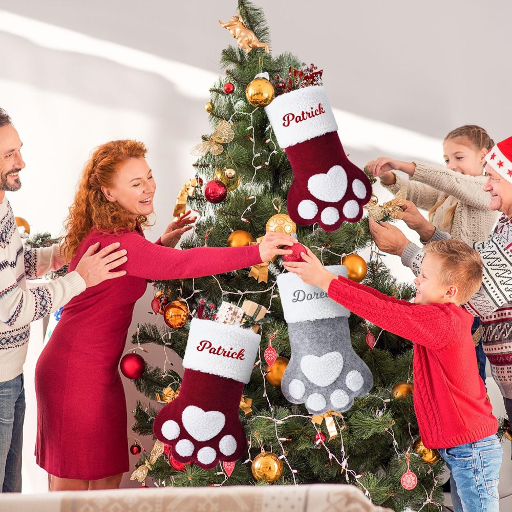 Jodimitty Pet Personalized Christmas Stockings 15"/39cm Large Cloth Christmas Stocking Embroidered Name, Cute Paw Shape Stocking for Family Pet, Christmas Tree Fireplace Decorations - Image 3
