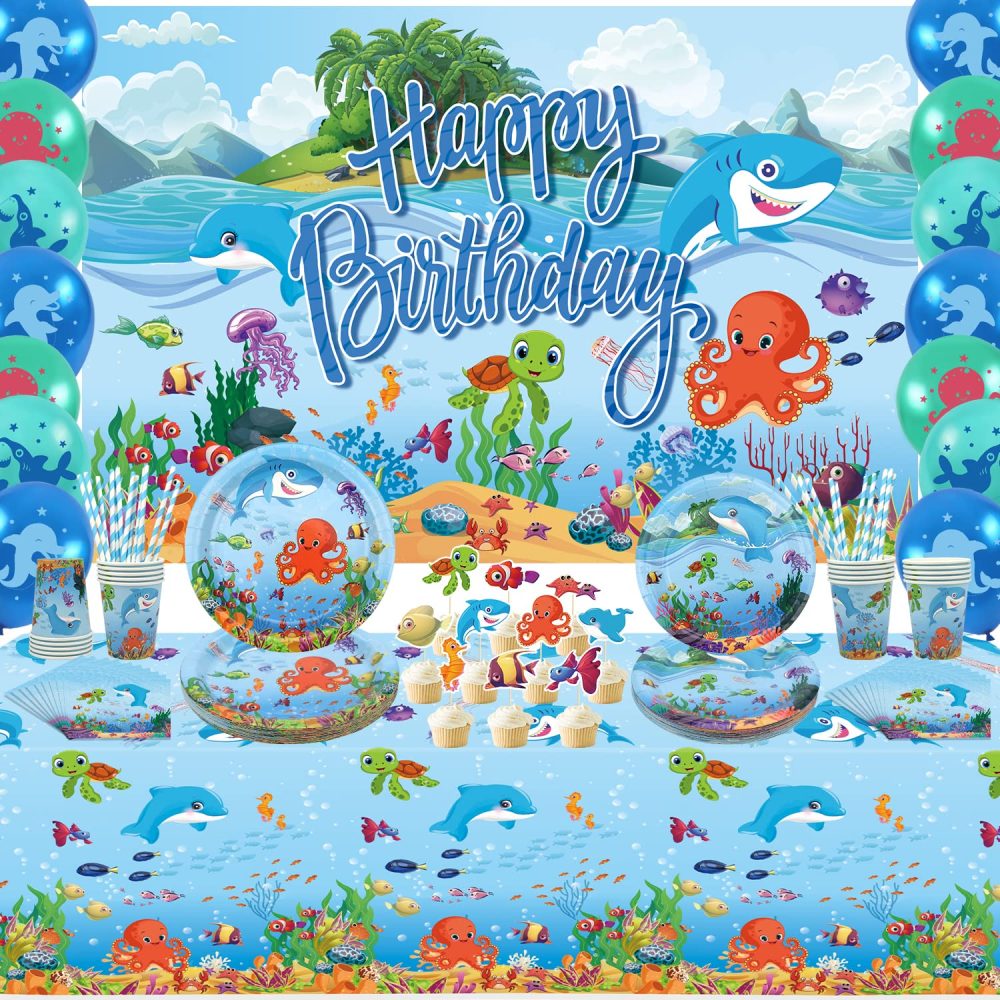 Under the Sea Party Supplies - Ocean Sea Party Tableware - Plates Cups Napkins Tablecloth Backdrop Balloons Cake Toppers for Underwater World Birthday Party Decorations, Serves 20