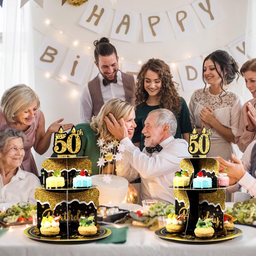 Zopeal 3 Tier Happy 50th Birthday Cupcake Stand Party Decorations 50 Years Party Cupcake Holder Black Glitter 50th Birthday Cake Holder 1973 Birthday Dessert Stand for 50th Birthday Party Supplies - Image 3